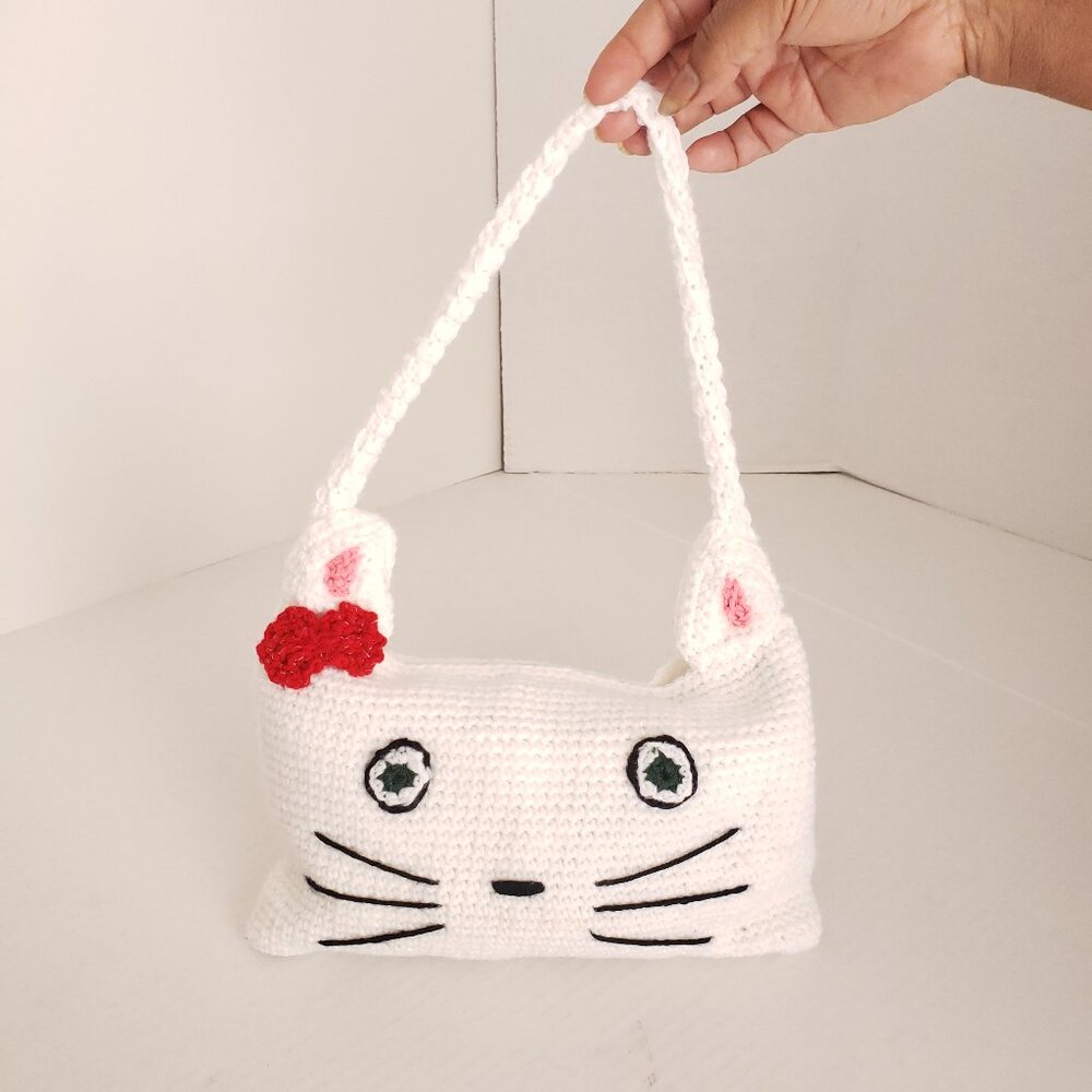Handmade Hello Kitty White Crochet Hand Shoulder Bag